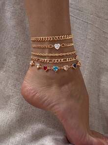Juego de 5 tobilleras para mujer con cadena multicapa dorada, diseño único con elementos de corazón de strass de colores, adecuado para todas las ocasiones (color de strass aleatorio) - Dorado - Ver 3