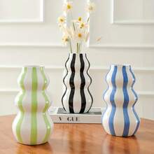 1pc Rustic Ceramic Vase - 1pc Asymmetrical Gourd-Shaped Striped Abstract Vase, Suitable For Fresh Flowers | Countertop And Living Room Shelf Decor - Ideal Valentine's Day And Mother's Day Gift - Multi-color - View 6