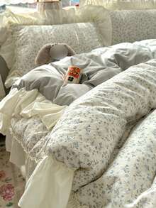 清新小碎花荷葉邊4件套床上用品，法式浪漫田園風床上用品套裝，透氣柔軟四季通用，包含1件被套、1件床單及枕套，不含填充物，適用於臥室、宿舍、居家使用，多尺寸可選，返校宿舍裝飾，大學宿舍裝飾 - 彩色 - 查看 4