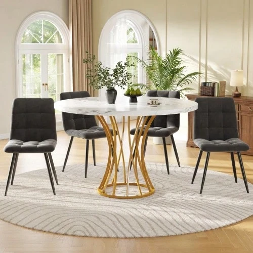 Dining Table Set (5 Pieces), Dining Table Set With 4 Chairs, Modern Kitchen Table Set, Round Kitchen Table With 80 Cm Diameter, Gold Metal Legs, White Marble Tabletop, Grey Velvet Dining Chairs - Multicolor - View 1
