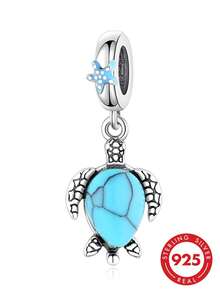 1pc S925 Sterling Silver Turquoise Turtle Pendant, Resin Starfish Ocean Animal Vintage DIY Bracelet Perforated Silver Bead Charm - Silver - View 2