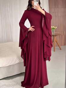 Women's Solid Color Bell Sleeve Elegant Party Occasion Long Dress - Burgundy - View 2