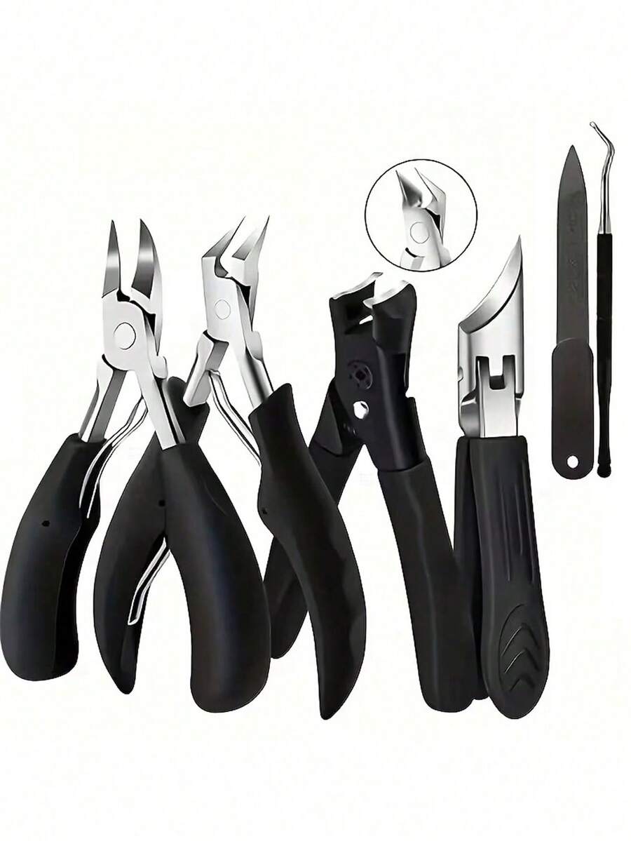 黑色不锈钢美甲工具套装 - 指甲钳、指甲锉和带指甲钳的指甲锉 - 经典黑色手柄，男女老少皆宜