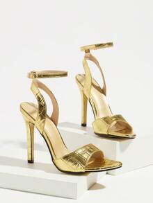 Jin Bei Qi Women's Summer Sandals, Gold Stone Texture Fabric Back Ankle Strap Buckle Thin High Heel Shoes, Fashionable Comfortable PU Leather High Heel Sandals, Suitable For Evening Party, Wedding, Party, Date, Formal Dress, Luxury Outfit - Gold - View 10
