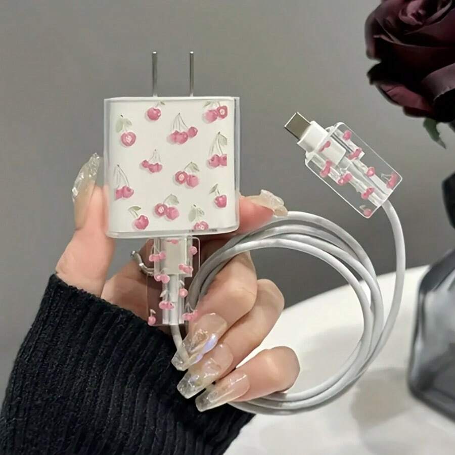 3pcs Transparent Cherry For IPhone Charger Protective Case, Anti-Break Cable Organizer, Suitable For IPhone 20W/18W Charger - Multicolor - View 1
