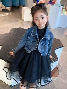 Girls Cute Fashion Denim Jacket & Dress Set, Casual Denim Outfit For Spring And Autumn - Medium Wash - View 4
