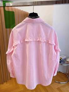 Solid Color Front Button Ruffle/Flounce Trim Blouse, Long Sleeve Shirt For Women, Spring Summer Autumn - Baby Pink - View 5