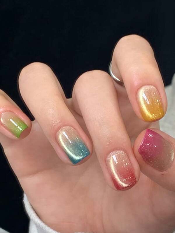 24 Pieces Of Short Square-Shaped Press-On False Nails, Featuring A Rainbow Gradient Cat-Eye Design, Including 1 Piece Of Jelly Glue + 1 Stick Of Adhesive