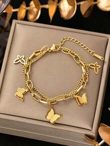 VceTd 1pc Romantic Stainless Steel Double-Layer Butterfly Charm Bracelet, Suitable For Women's Daily Wear Or As A Gift - Yellow Gold - View 8