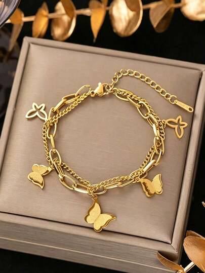 VceTd 1pc Romantic Stainless Steel Double-Layer Butterfly Charm Bracelet, Suitable For Women's Daily Wear Or As A Gift
