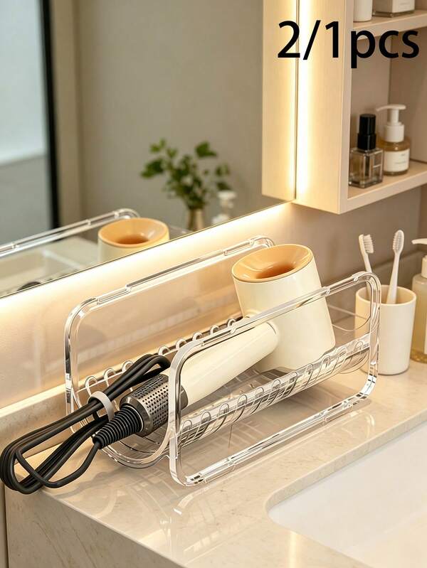 2/1pc Holder, Hair Dryer Storage Box, Curling Wand Organizer, Item Shelf, Flat Iron Holder, Stackable Design, Countertop Style, Clear Acrylic, Suitable For Bathroom, Countertop, Vanity, Washstand, Restroom, Entryway, Practical Storage Rack