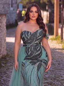 Plus Size Luxury Beaded Mermaid Formal Dress With Sequin Accents, Strapless Silhouette, Flowing Tulle Train For Glamorous Banquets, High Fashion Galas - Cadet Blue - View 3