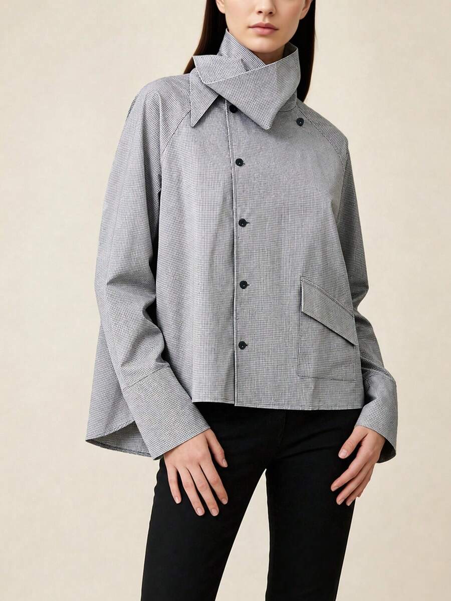 女款復古不對稱領設計長袖格紋襯衫,格紋前襟鈕扣不對稱口袋,通勤日常約會穿搭 - 黑白格紋 - 查看 1