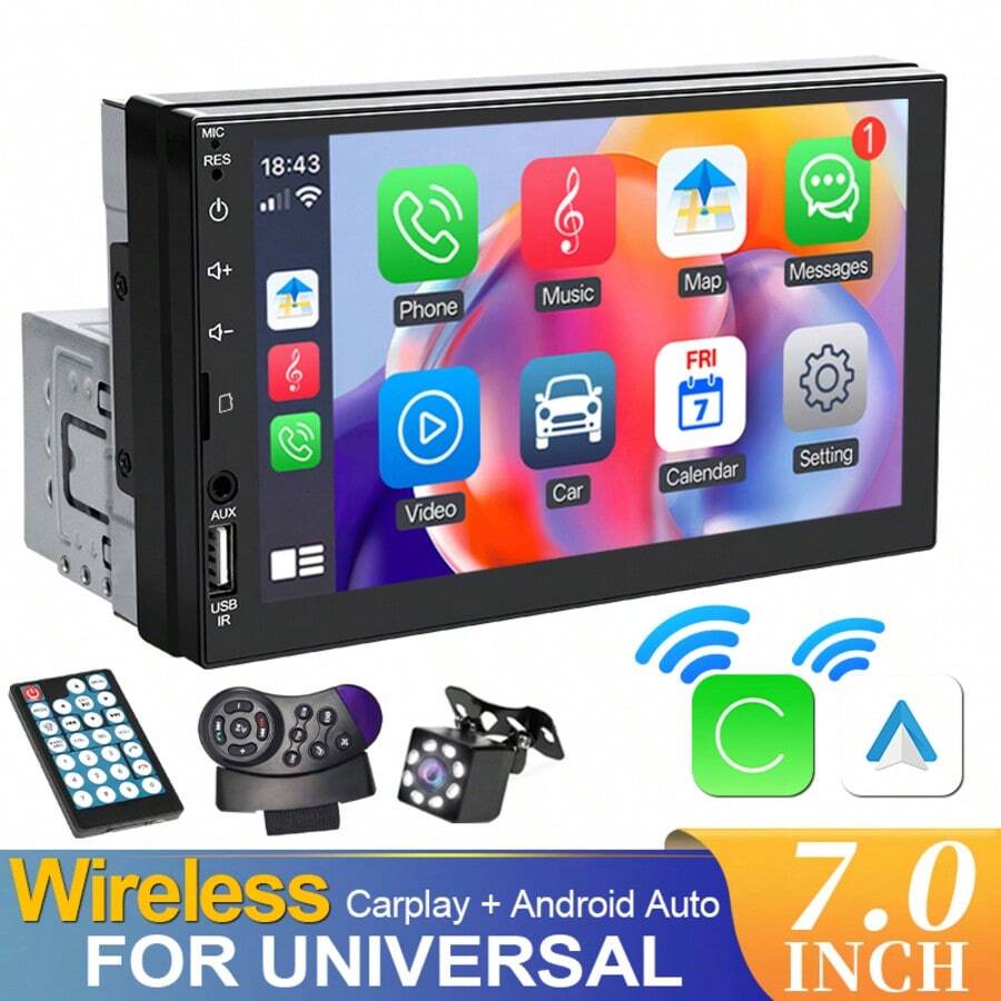 汽車 MP5 播放器 無線 CarPlay & Android Auto 1 Din 藍牙 HD 7 吋觸控螢幕音響 12V FM ISO 電源 Aux 輸入 SD USB 可選配有無攝影機 - 附後視相機和方向盤遙控器 - 查看 1
