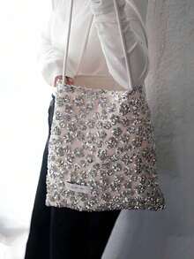 Dedoo Korean Style Sequin Pink Silver Glitter Ins Style Large Capacity Velvet Patchwork Tote Bag, Commuter Casual Shopping Shoulder Lazy Handbag - Silver - View 7
