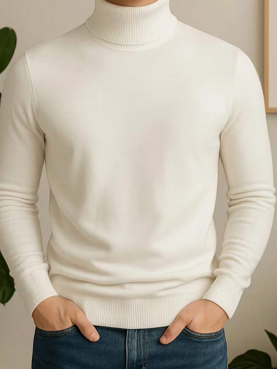 Men's Autumn/Winter Minimalist Solid Color Fashion Casual Turtleneck Long Sleeve Sweater - Apricot - View 1