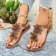 Women's Flat Sandals, Bohemian Floral Decor, Comfortable Flat Sole, Suitable For Summer Beach Vacation - Brown - View 1