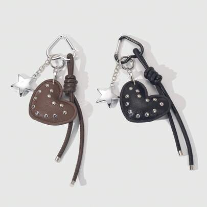 Rivet Heart PU Leather Bag Charm, Metal Star Chain Keychain, Y2K Punk Street Style Handbag Pendant, High-End Fashion Accessory