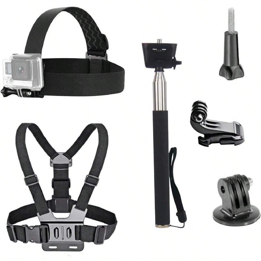 3-In-1 Action Camera Accessory Kit Head Strap + Chest Strap + Selfie Stick Compatible With /AKASO/Dragon Touch Outdoor Cycling Vlog Shooting - View 1