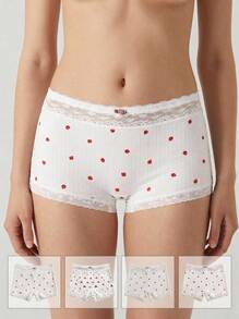 Aesletic 4pcs/Pack Women's Romantic Printed Panties, Lace Patchwork Design - Multicolor - View 1