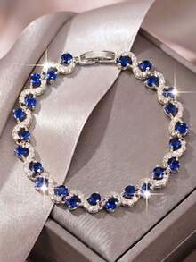1pc Minimalist Round Cubic Zirconia Wrapped Royal Blue Design Women's Bracelet, Silver-Plated Multicolor Jewelry, Party Wedding Accessory, Anniversary Birthday Gift For Girlfriend - Bracelet - View 3