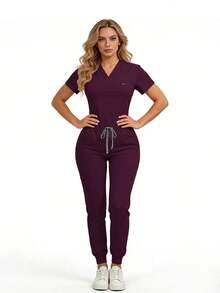 Women'S  Scrubs Set, Anti-Pilling Lightweight Breathable Multi-Pocket Top & Side Pocket Jogger Pants For Hospital, Clinic & Spa Use Uniforms - Navy Blue - View 6