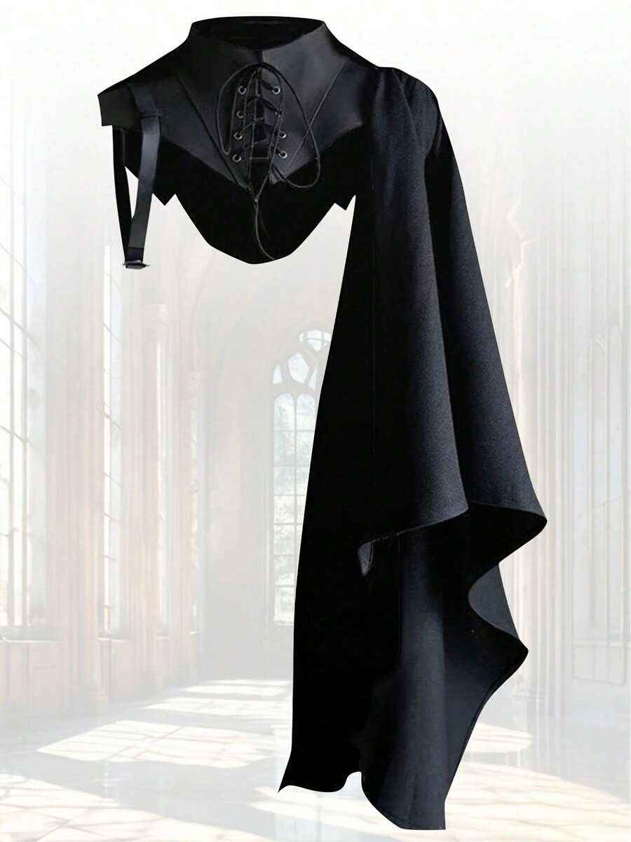 1pc Halloween Medieval Cloak Costume, Vintage Steampunk Shoulder Armor Design, Faux Leather Gothic Half Cloak, Demon Vampire Theme Outfit, Suitable For Cosplay, Stage Performance, Theme Party, Halloween Costume, Holiday Party Accessories