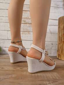 Women's Bohemian-Style Retro Open-Toe Wedge Sandals Featuring Pearl-Embellished T-Straps; Suitable For Beach Vacations And Parties. - Beige - View 5