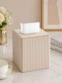 Gold-Edged Square Vertical Striped Tissue Box - Fashionable Cubic Tissue Box Holder, Magnetic Bottom, Decorative PU Tissue Box Suitable For Vanity, Nightstand, Desk, Kitchen Counter, Home Office, Car (Milk Tea Color) - Multicolor - View 2