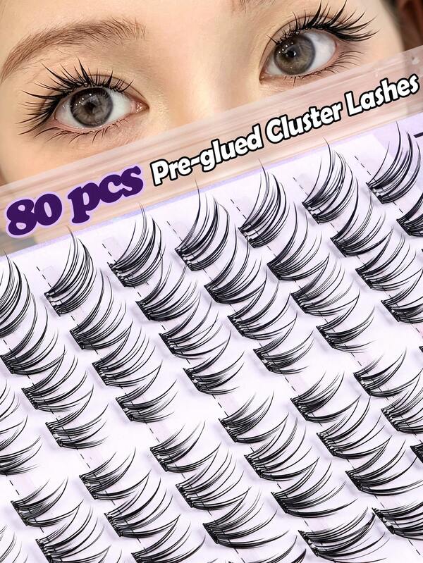80 Clusters Self-Adhesive Cat Eye False Eyelashes, Press-On Reusable, Suitable For European And American Eye Shapes, Lengthening Eye Tails Without Glue, D-Curl Faux Mink Natural Eye-Catching Soft Comfortable Eyelash Clusters, False Eyelash Clusters, Single Cluster False Eyelashes