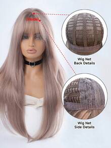 alicegarden 28-Inch Long Synthetic Wig Featuring A Natural Straight Style A Stunning Dusty Pink. Designed With Bangs , This False Hairpiece Is Perfect For Ms Daily Party Cosplay Use, Offering A Natural And Natural Durable Wig Gift For Ladies. - Dusty Pink - View 7