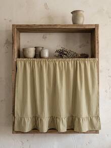 1pc Olive Green & White Fine Striped Table Skirt, Natural Fresh Style Fabric Material, Rectangular Bottom With Ruffle Edge And Pleated Details, Storage Concealment And Decorative Enhancement Function, Suitable For Storage Rack Cover And Pastoral Home Decor Scenes - Green - View 7