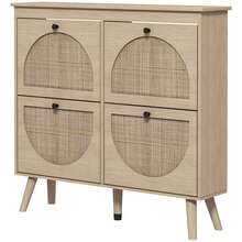 Zapatero con 4 puertas abatibles, capacidad para 20 pares, estante ajustable, estilo bohemio, patas de madera maciza, 105 x 24 x 97,5 cm, acabado natural. - Multicolor - Ver 2