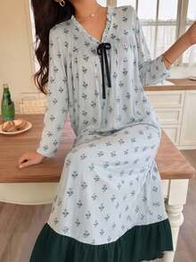 Fresh Floral V-Neck Frill Trim Long Sleeve Nightgown For Women, Contrast Bow Loose Mid-Length Loungewear - Green - View 2