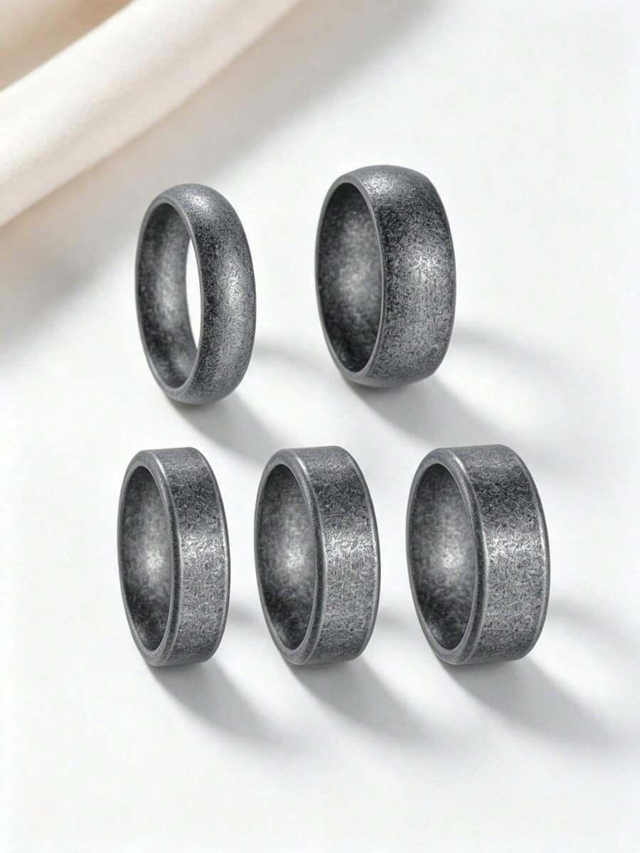 5Pcs Minimalist Vintage Distressed Plain Band Stainless Steel Men Rings, Men's Jewelry Accessories, Ideal For Daily & Business Wear - Antique Silver - View 1