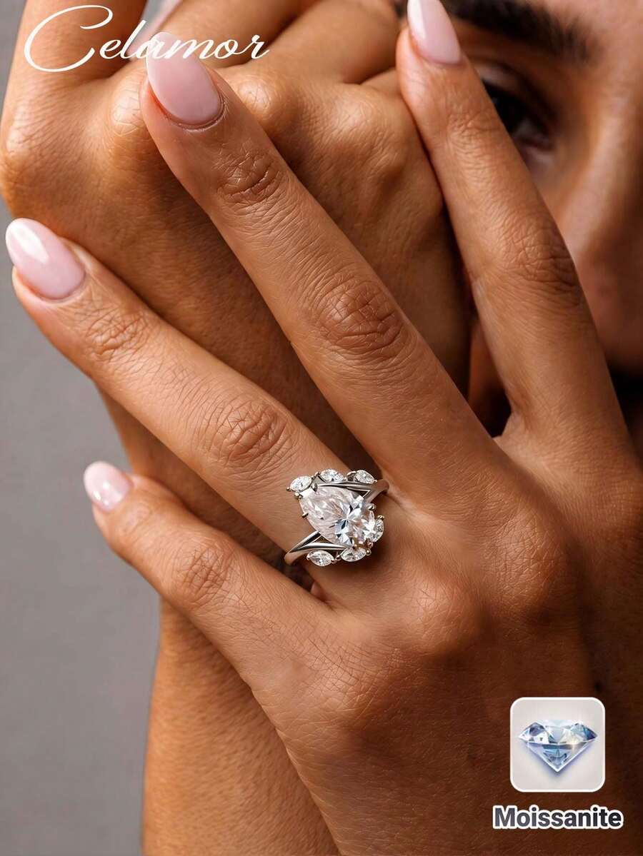 1pc Vintage Fashion Natural Style Romantic S925 Sterling Silver 4CT Moissanite Pear-Shaped Engagement Ring, Elegant High-End Couple Matching Ring For Banquet, Wedding, Vacation, Valentine's Day Gift - Silver - View 1
