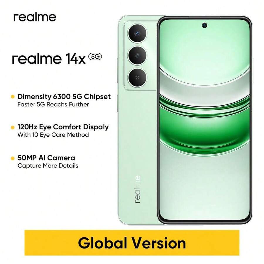 Realme 14X 智慧型手機 6GB+128GB / 8GB+256GB 全球版，Android 15 解鎖手機，Dimensity 6300 處理器，5000mAh 大電池，6.67 吋 120Hz HD 螢幕，AI 5G LTE，不含適配器 - 綠色 - 查看 1