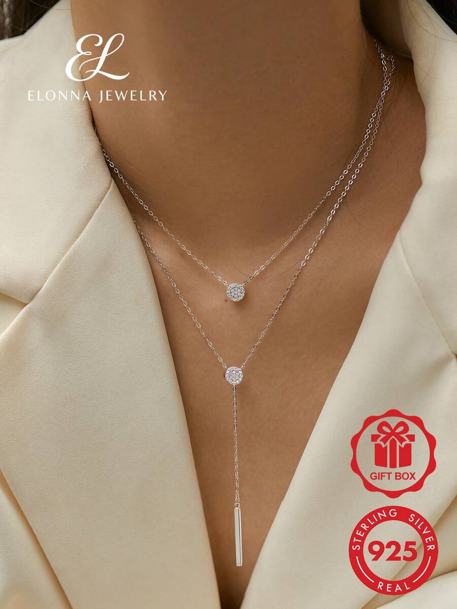 SYMFNY 1pc 925 Sterling Silver Minimalist Artificial Cubic Zirconia Geometric Round Shape Y-Layered Necklace Holiday - Style 6 - View 1