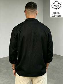WAIT HIM 100% Cotton Men's Casual Solid Color Henley Collar Long Sleeve Shirt - Black - View 3