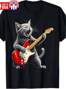 Men's Retro Rock Star Cat Playing Guitar Graphic T-Shirt - Soft Cotton, Short Sl - 款式 - 查看 1