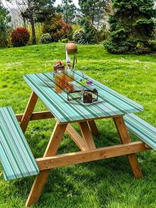 3 Pieces Picnic Tablecloth Set With Bench Cover, Elastic Edge Design, Striped Pattern, Washable Rectangular Tablecloth, Suitable For Weddings, Camping, Picnics, Garden Parties And More, Practical Essential - A - View 5