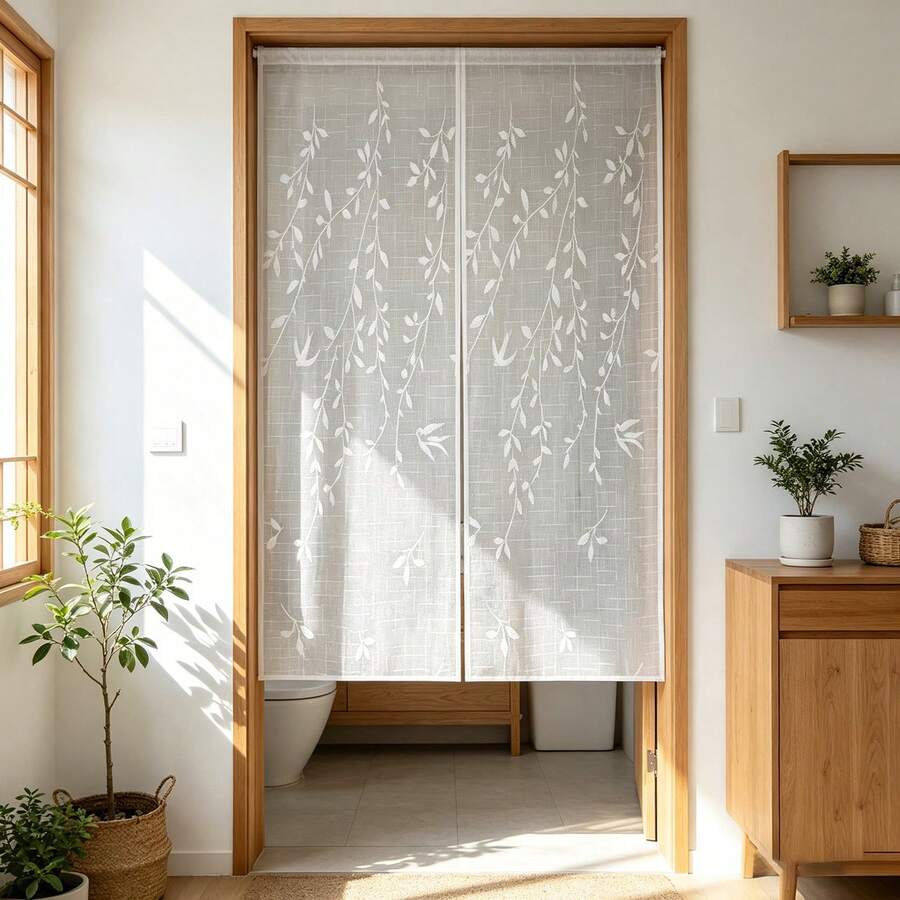 1 Buah, Tirai Pintu Semi-Transparan Gaya Jepang dengan Motif Pohon Willow dan Burung, Pembatas Ruangan untuk Dapur, Kamar Tidur, Paviliun, Dekorasi Rumah Gaya Pedesaan