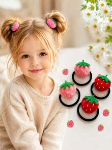 4pcs Girls Cute Strawberry Hair Ties, Non-Damaging High Elasticity Daily Versatile Hair Accessories - Multicolor - View 1