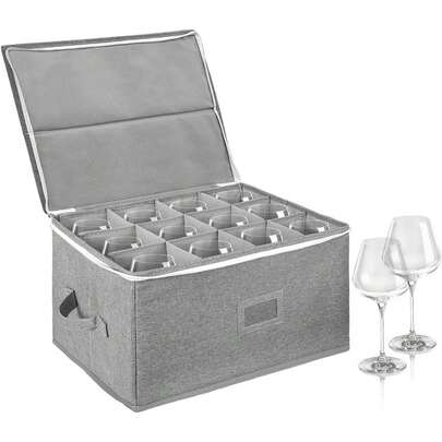 Wine Glass Storage Box With Dividers, Glassware Storage Containers- Wine Box Holds 12 Red Or White Wine Glasses, Champagne Flutes,, Hard And Stackable, Label Window