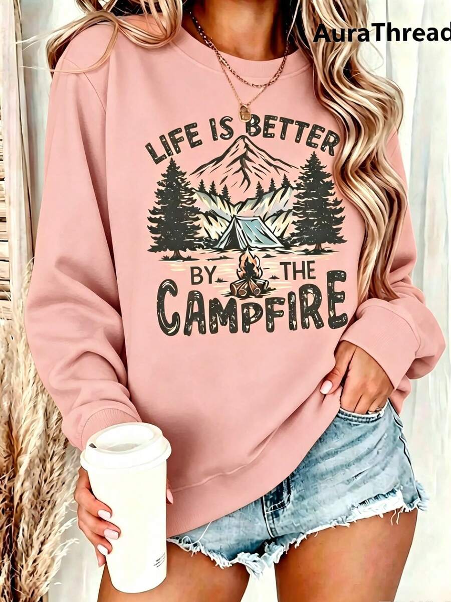 Suéter gráfico de campamento para mujer - "La vida es mejor junto a la fogata" Diseñ de montaña y árbol de pino, suéter de cuello redondo cálido para otoño e invierno, de elastici - Rosa 3 - Ver 1