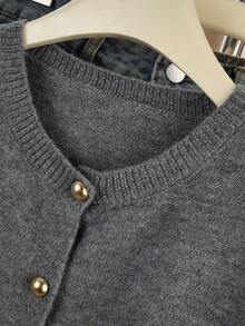 Women's Casual Elegant Cute Solid Color Short Sleeves Slits Crewneck Cardigan Pullover Sweater Gold Button Going Out - Grey - View 4