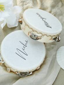 Custom Name 6 Inch Boho Wedding Tambourine Hand Held With Single Row Metal Jingles Starfish And Seashell Woven Decor Musical Rhythm Percussion Instrument Gift For Beach Wedding Bridal Shower Reception Party Dancing (Drumstick Not Included) - Beige - View 9