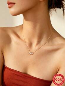 1 Pair S925 Sterling Silver European & American Cross-Border Hot-Selling Petal Necklace With Marquise Zirconia, Versatile Fashionable High-End Style For Women, 2025 New Arrival - Petal - View 1