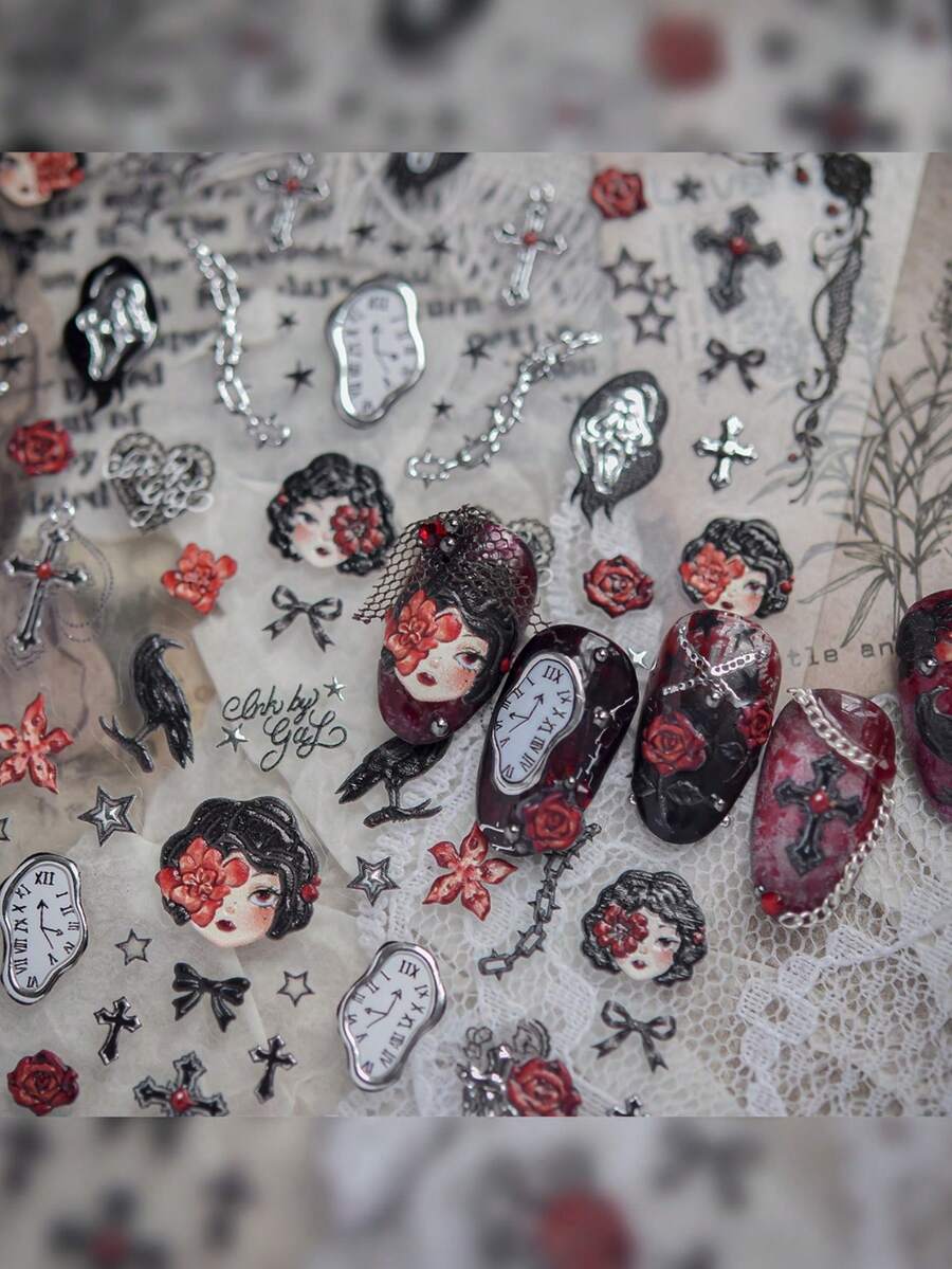 1 Gothic Style Halloween Nail Art Luxury Sticker, Skull Ghost Cross Raven Rose Clock Self-Adhesive Nail Art Charm Sticker, Dark Retro Horror Nail Art Decoration Sticker - Multicolor - View 1