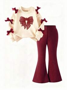 Tween Girl Bow Print Crew Neck Sweatshirt And Flare Pants - Apricot - View 2
